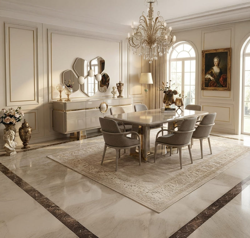 Atmacha Home And Living Dining Room Set Dining Table With 6 Chairs & Sideboard With Mirror / Gold Valencia Dining Room Set | Dining Table & 6 Chairs & Sideboard & Mirror