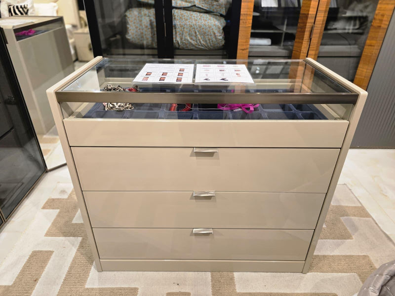 Atmacha Home And Living Outlet Cream / With Glass Led Top Drawers Ex Display Puzzle Chest Of Drawers