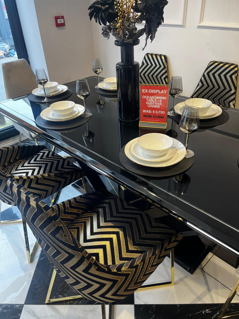 Atmacha Home And Living Outlet Dining Table + 6 chairs / Black / Chrome & Gold Ex Display Ocean Dining table + 6 Chairs