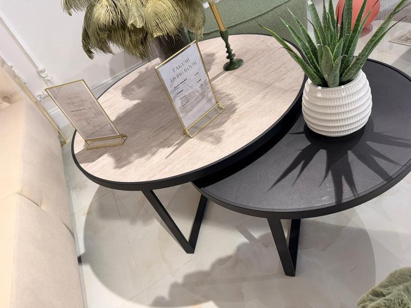 Atmacha Home And Living Outlet Traverten- Black Concrete / Black Ex Display Mercedes Twin Coffee Table Set of 2