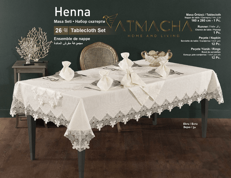 Atmacha Home And Living Tablecloth Set Ecru / 26 Pieces Henna 26-Piece Luxury Table Set - Ecru