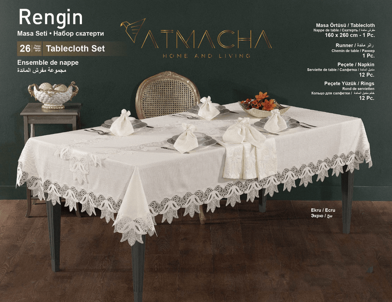 Atmacha Home And Living Tablecloth Set Ecru / 26 Pieces Rengin 26-Piece Luxury Table Set - Ecru