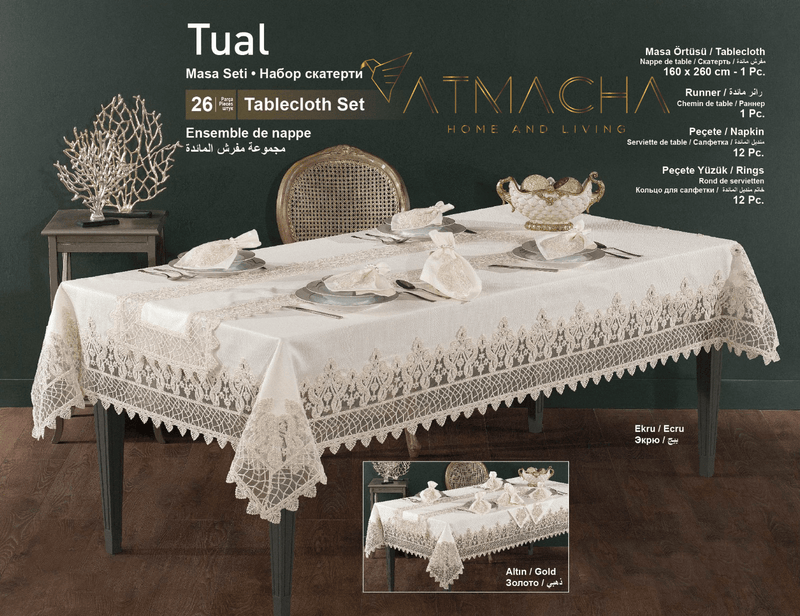 Atmacha Home And Living Tablecloth Set Tual 26-Piece Luxury Table Set - Ecru Gold | ATMACHA HOME & LIVING