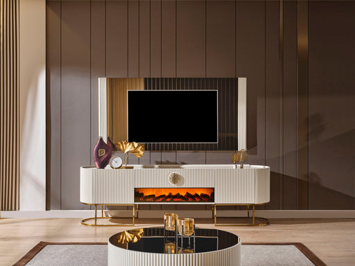 Atmacha Home And Living TV Unit Ecru / Gold / With Fireplace Gucci TV Unit
