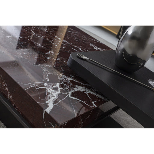 Sorell Coffee Table — detail of the separate dark table surfaces beside the burgundy stone piece