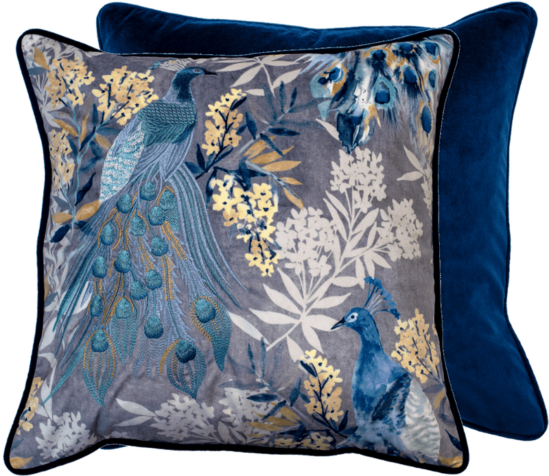 Atmacha Home & Living Cushion 45x45 cm / Blue EMBROIDERED BLUE PEACOCKS ON VELVET Blue / 45x45 cm