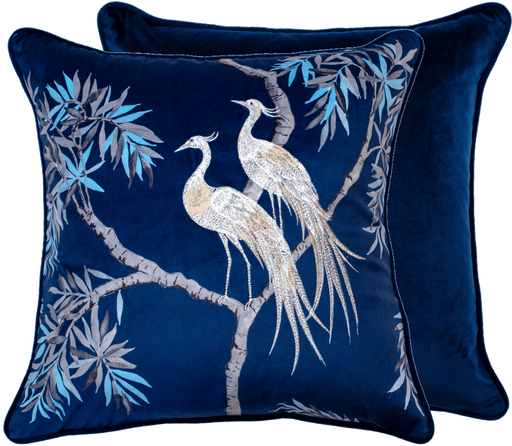 Atmacha Home & Living Cushion 45x45 cm / Blue EMBROIDERED NIGHTINGALES ON BLUE VELVET 45 X Blue / 45x45 cm