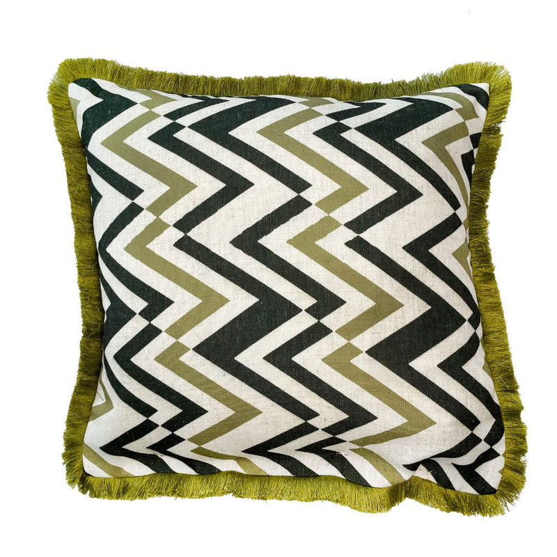 Atmacha Home & Living Cushion 45x45 cm / Olive ZIG ZAG EMB  WITH FRINGE- OLIVE / 45x45 cm