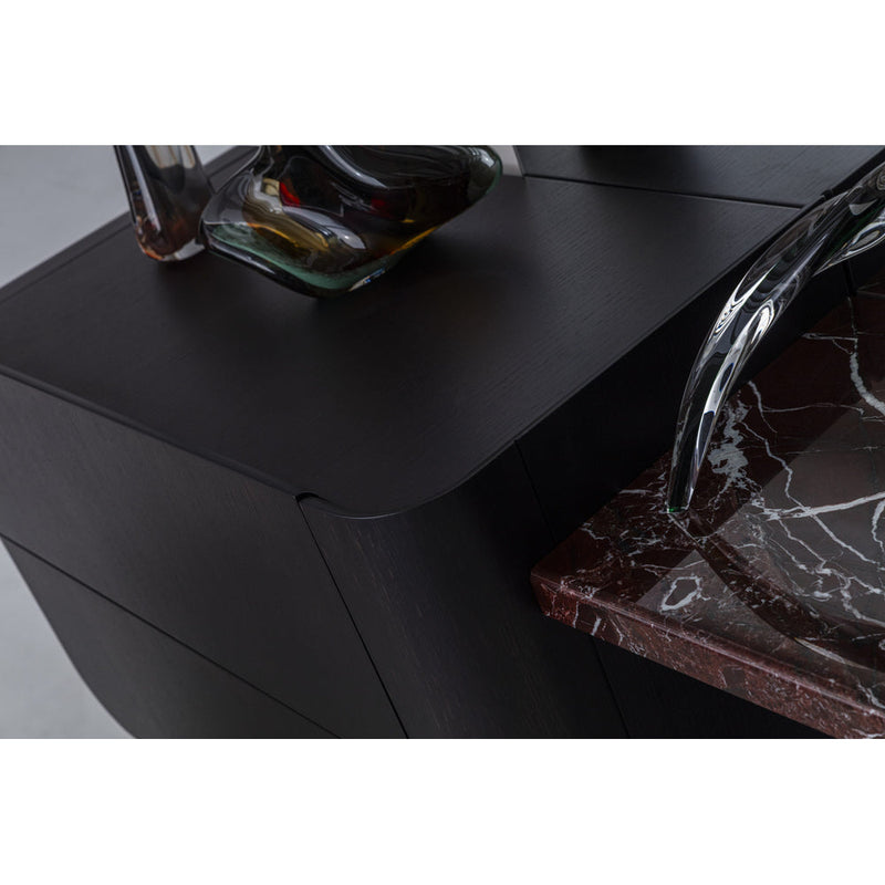 Sorell Dressing Table rounded dark cabinet with a burgundy marble side surface