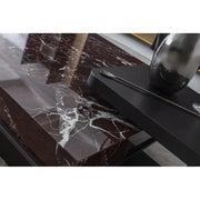 Sorell Side Table — detail of the separate dark table surfaces beside the burgundy stone piece