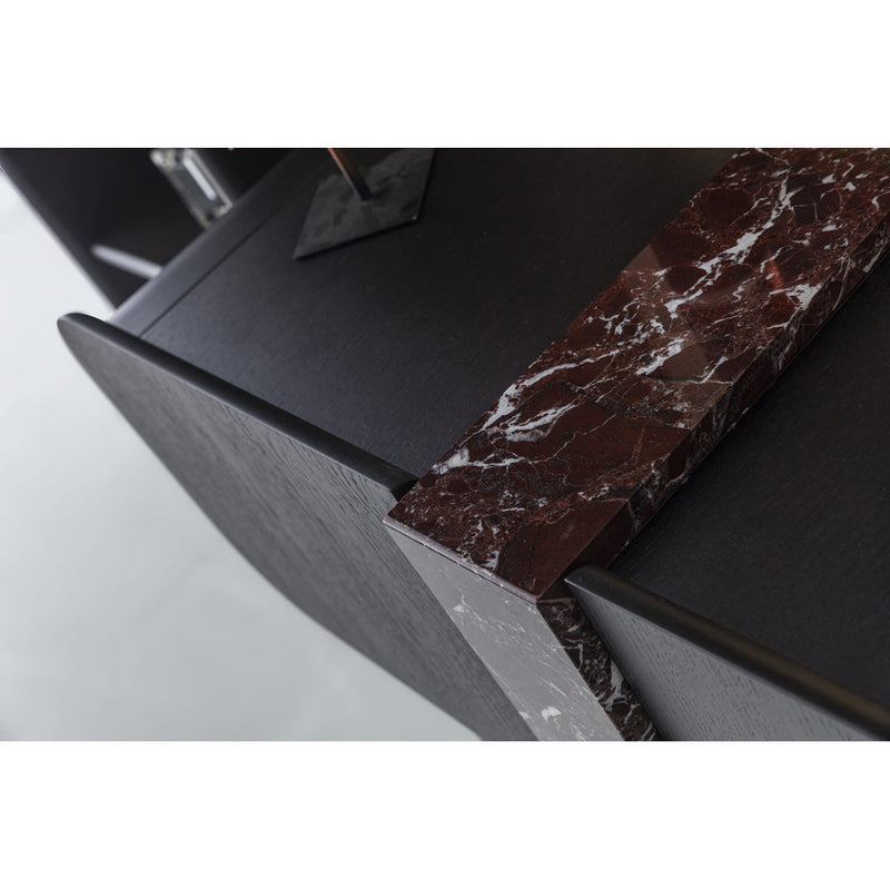 Close-up of the Sorell TV Unit burgundy marble accent and dark cabinet top