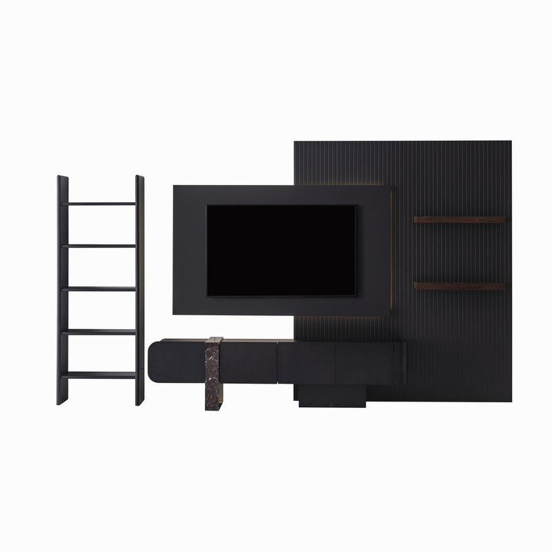 Sorell TV Unit lower cabinet shown with a wall panel and separate ladder shelving