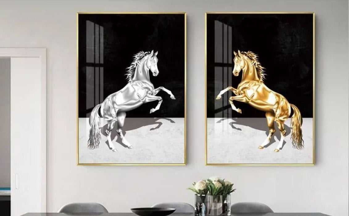 Atmacha - Home and Living Portrait Dual Chrome & Golden Horse (Set of 2 Canvas Portrait)