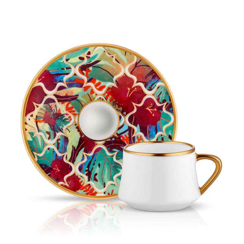 Atmacha - Home and Living Tea Glass and Saucer Sufi Amazon Tropic Turkish Coffee Cup 90 cc + Saucer Matte Gold White - Set of 6