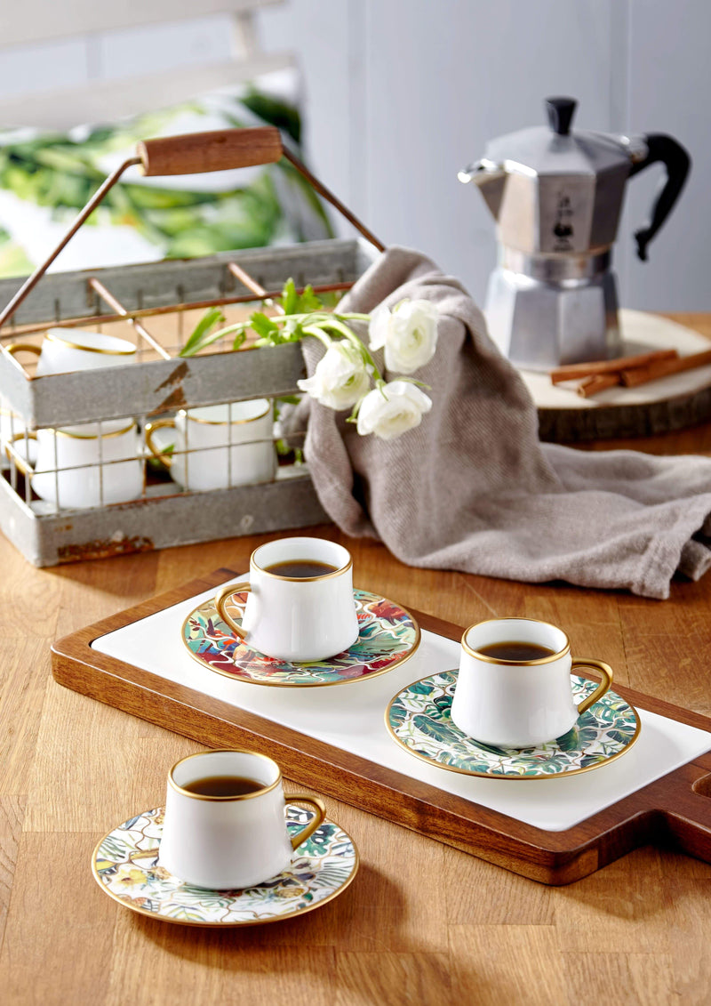 Atmacha - Home and Living Tea Glass and Saucer Sufi Amazon Tropic Turkish Coffee Cup 90 cc + Saucer Matte Gold White - Set of 6