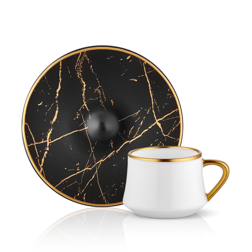 Atmacha - Home and Living Tea Glass and Saucer Sufi Marble Turkish Coffee Cup 90 cc + Saucer Matte Gold Black- Set of 6